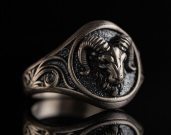 Aries Ram Head Ring, Sterling Silver Zodiac Jewelry, Men's Animal Signet Ring, Aries Birthday Gift for Him, Handmade Horned Ram Totem Ring