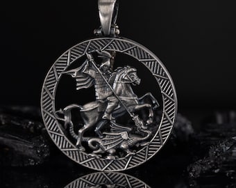 Saint George and Dragon 925 Sterling Silver Necklace, Handmade Medieval Knight& Patron Saint Pendant, Warrior Jewelry, Religious Pendant