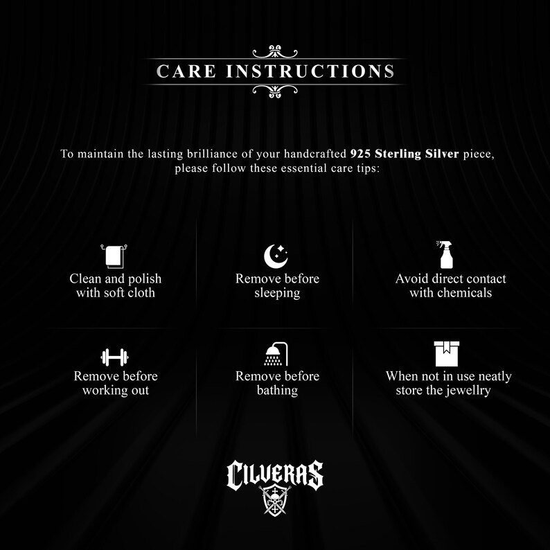 a series of care instructions for maintaining a Sterling Silver piece, including cleaning, polishing, and storing the jewelry properly.