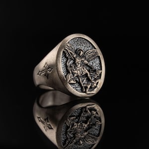 St Michael Archangel Ring 925 Sterling Silver, Handmade Patron Saint Medal, Soldier of God Signet, Unisex Religious Gift Jewelry