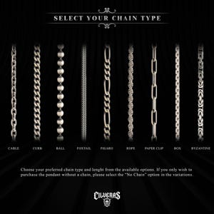 a collection of various chain types, including cable, curb, ball, foxtail, figaro, rope, paper clip, box, and Byzantine, each with different lengths and designs.