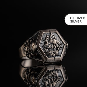 Handmade Viking Pirate Ship Ring in 925 Sterling Silver – Nautical Skull Ring for Men, Bold Statement Jewelry by Cilveras