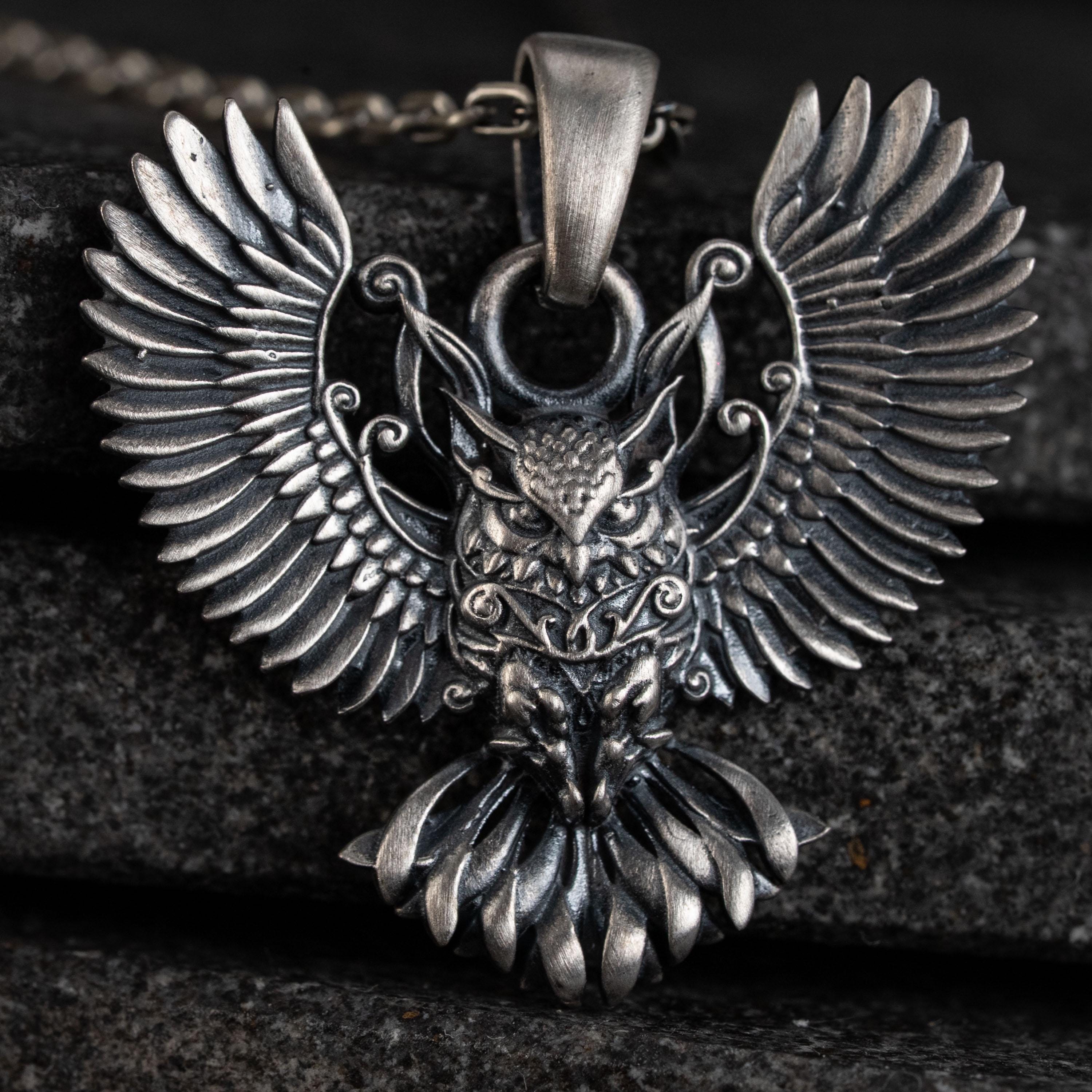 Owl 925 Sterling Silver Necklace, Handmade Gothic Jewelry, Winged Animal Pendant, Greek Mythology Un