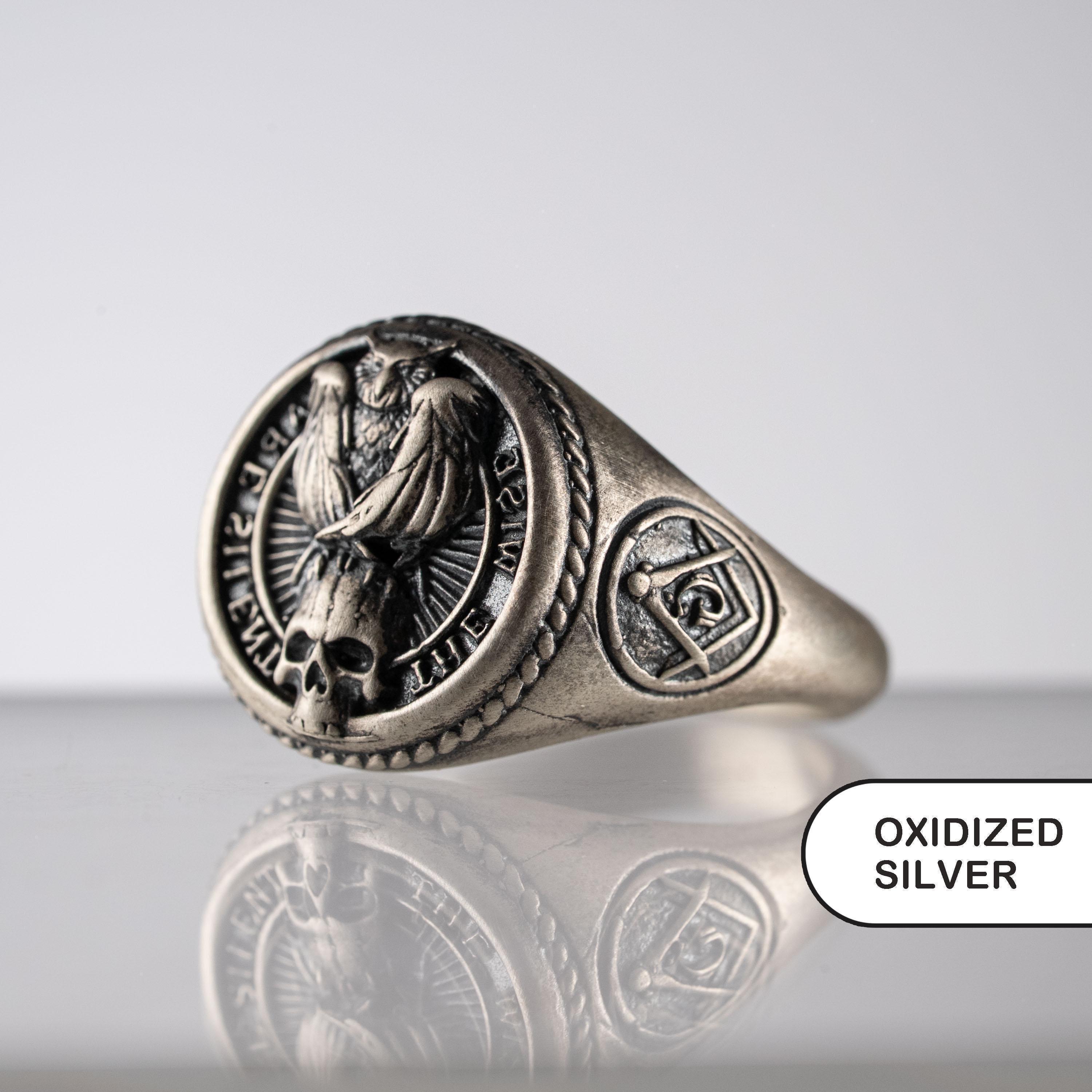 925 Sterling Silver Owl Skull Ring, Freemason Signet, The Wise Are Silent Ring, Gothic Masonic Jewel
