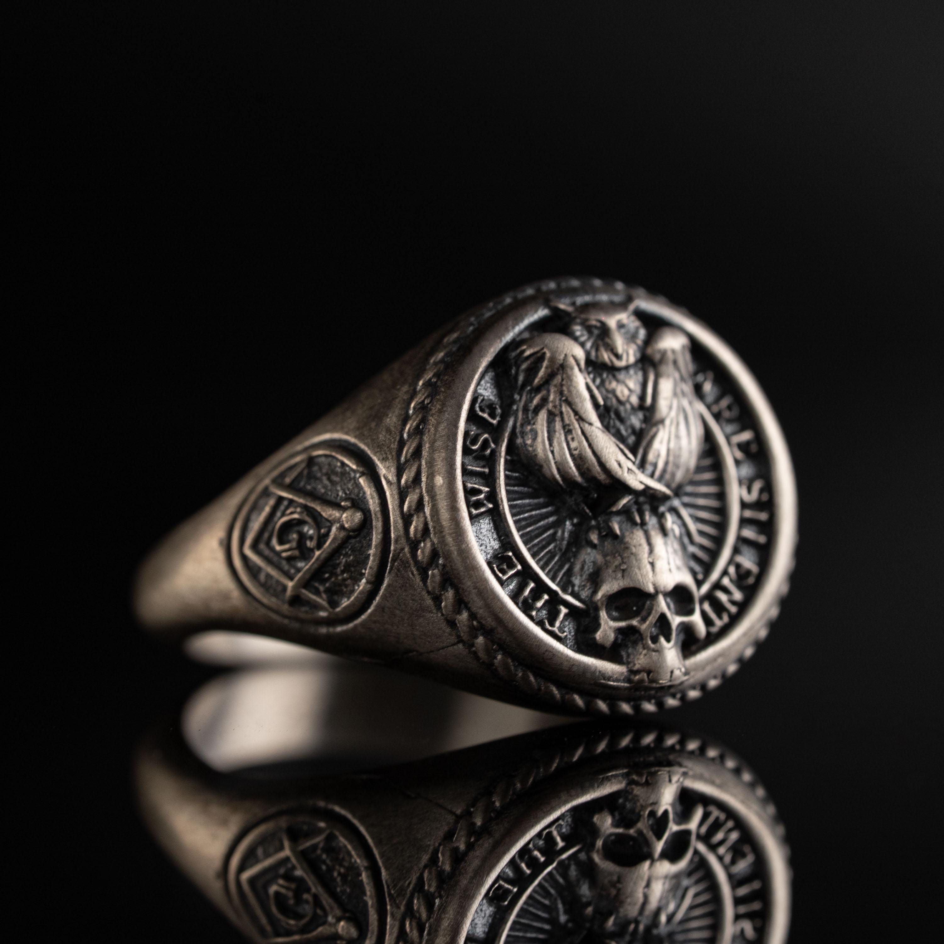 925 Sterling Silver Owl Skull Ring, Freemason Signet, The Wise Are Silent Ring, Gothic Masonic Jewel