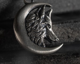 Wolf Moon Handmade 925 Sterling Silver Necklace,  Wild Animal Pendant, Crescent Lunar Jewelry, Mystical Spirit Charm