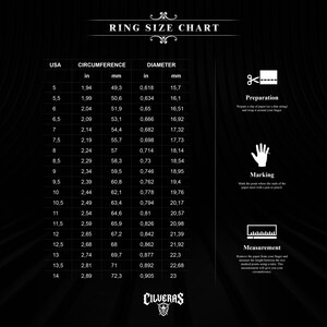 The image is a ring size chart that provides measurements for various US sizes, including 5, 5.5, 6, 6.5, 7, 7, 8, 8.5, 9, 9.5, 10, 10.5, 11, 12.5, 12.5, and 14. The chart includes a scale for circumference and diameter, and instructions for preparing the ring and marking it.