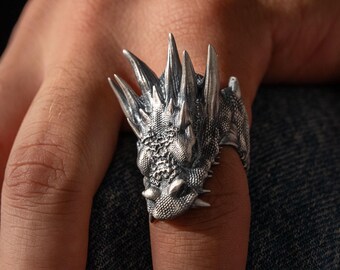 925 Sterling Silver Dragon Head Ring for Men, Gothic Fantasy Jewelry, Medieval Beast Ring, Handmade Silver Ring, Fierce Men’s Christmas Gift