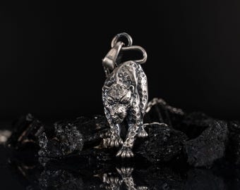 Leopard 925 Sterling Silver Pendant, Panther Handmade Silver Necklace, Cheetah Charm, Wild Cat Jewelry, Animal Pendant Unisex Gift