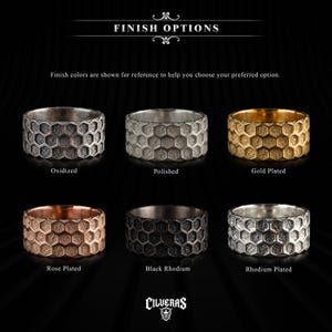 six rings with different finishes, including oxidation, polishing, gold plated, rose plated, black rhodium, and rhodium plated.