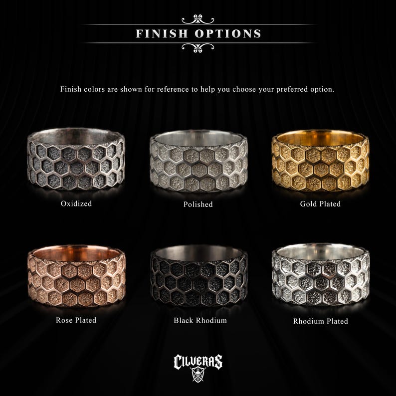 six rings with different finishes, including oxidation, polishing, gold plated, rose plated, black rhodium, and rhodium plated.