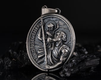 St. Christopher Necklace, Handmade 925 Sterling Silver Catholic Pendant, Religious Protection Medal, Christian Gift, Unisex Jewelry