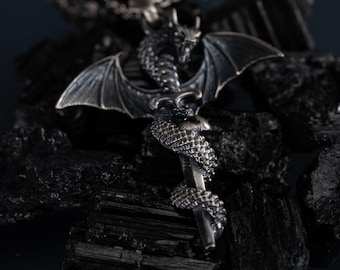 Sterling Silver Dragon Sword Pendant - Gothic Mythical Charm Necklace