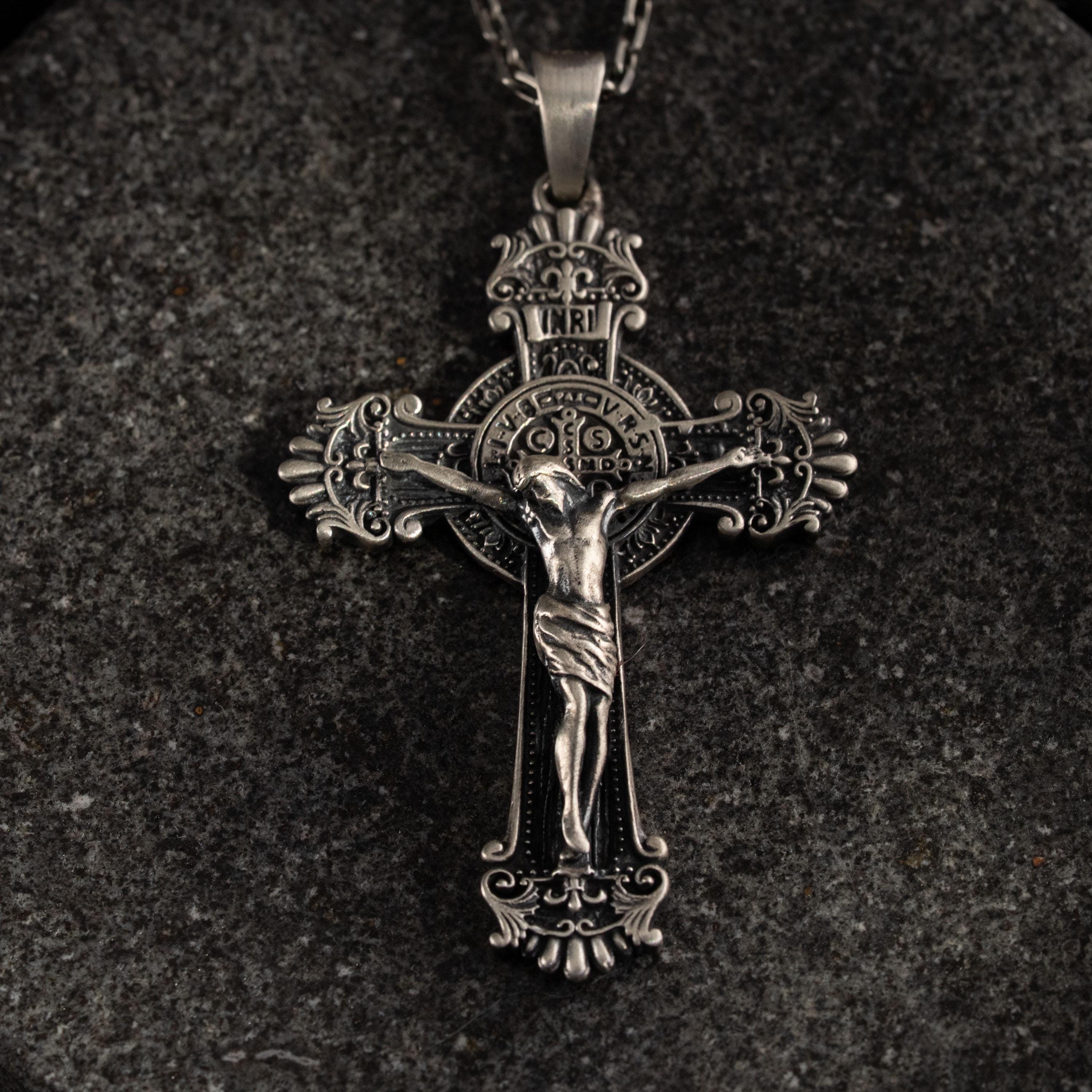 Jesus Crucifix 925 Sterling Silver Necklace - Handmade Unisex Benedict ...