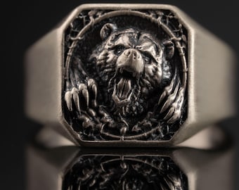 925 Sterling Silver Bear Ring Unisex Handmade Viking Jewelry, Oxidized Signet Grizzly Head, Wild Animal Totem Gift for Him, Rustic Pinky Ban