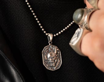 Hannya Necklace, 925 Sterling Silver Oni Mask Pendant, Japanese Mythology Jewelry, Handmade Samurai Mask Amulet, Unisex Gothic Demon Gift