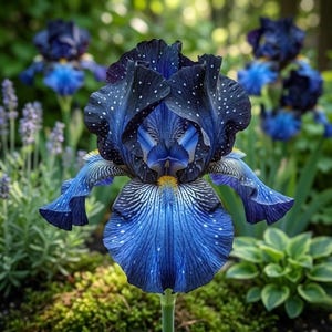 May include: A close-up of a vibrant iris flower with deep blue petals speckled with white dots. The flower's center is a lighter shade of blue, and the petals have intricate striped patterns. The flower is set against a blurred background of green foliage.