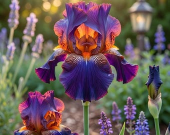 Könnte beinhalten: Nahaufnahme von leuchtenden Irisblüten in einem Garten. Die Irisblüten zeigen eine reiche Farbpalette mit tiefvioletten Blütenblättern, die orange und gelb umrandet sind. Der Hintergrund zeigt weitere Blumen und einen weichen Bokeh-Effekt.