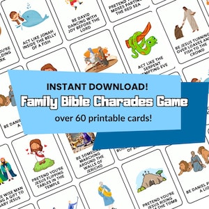 May include: A set of printable Family Bible Charades Game cards. The cards display illustrations and text prompts for Bible stories, such as Jonah, David, and Jesus. The image includes the text "Instant Download! Family Bible Charades Game over 60 printable cards!"