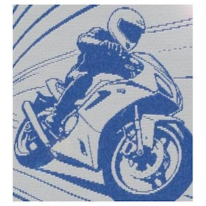 May include: Blue and white graphic of a motorcycle racer on a racing bike. The rider is wearing a helmet and racing suit. The background has diagonal lines suggesting speed.