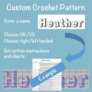 Könnte beinhalten: Eine digitale Grafik für ein individuelles Häkelmuster mit dem Text Custom Crochet Pattern, Enter a name: Heather, Choose: UK/US, Choose: right/left handed, Get written instructions and charts sowie einem Rasterbeispiel.