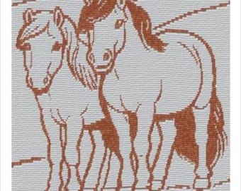 May include: A woven textile featuring a pixelated graphic of two horses standing side by side. The design is rendered in a rust-orange colour against a light grey background, showcasing a repeating pattern of equine figures with manes.