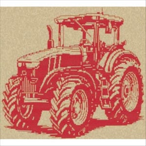 May include: A red cross-stitch embroidery pattern featuring a tractor on a beige fabric background. The design displays the detailed outline of a farm tractor with large, textured tires, a cabin, and an exhaust pipe, rendered in red thread.