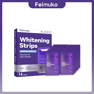 May include: A box of Feimuko Whitening Strips, containing 14 strips. The box is purple and white, with the words "Whitening Strips" displayed. Individual packets of whitening strips are also visible, each containing 2 strips.