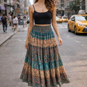 Vintage Patchwork Maxi Skirt – Tiered Boho Gypsy Skirt with Smocked Waistband Vintage Festival Skirt  Floral Paisley Print Bohemian Skirt