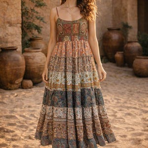 Boho Tiered Silk Maxi Dress Patchwork Print Smocked Sundress with Adjustable Straps,Jaipur Hand Block printed Smocked Maxi Dress