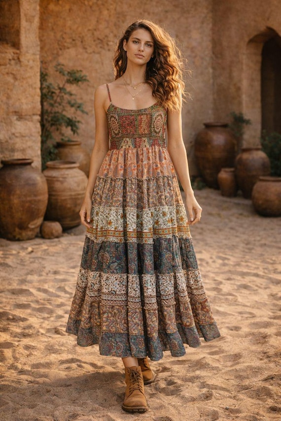 Boho Tiered Silk Maxi Dress Patchwork Print Smocked Sundress with Adjustable Straps,Jaipur Hand Block printed Smocked Maxi Dress
