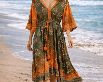 Sukienka maxi w kwiaty w stylu boho, długa, zwiewna sukienka z dekoltem w serek i bufiastymi rękawami, ziemista, pomarańczowo-zielona sukienka z frędzlami, damska, moda Cottagecore