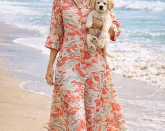 Floral Print Sheer Shirt Dress – Vintage Boho Button Down Midi Tunic Dress