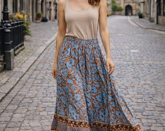Floral Palazzo Skirt – Lightweight Recycled Polyester Silk Maxi Skirt, Ethnic Border Print