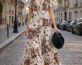 Boho Floral Maxi Dress with Sleeves  Vintage-Inspired Tiered Rust & Cream Long Summer Dress for Women