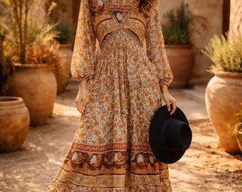 Vintage Boho Goddess Maxi Dress – Rust Floral Block Print with Smocked Waist