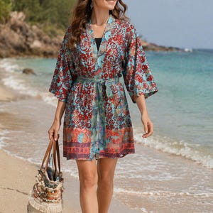 Boho Recycled Fabric Kaftan Dress, Lightweight Kimono Patchwork  Tunic, Tie Waist, Festival Beach Cover Up