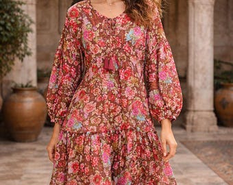 Vintage Floral Boho Midi Dress – Romantic Cottagecore Puff Sleeve Dress Burgundy Prairie Peasant Dress with Tassel Tie Chic Garden Dress