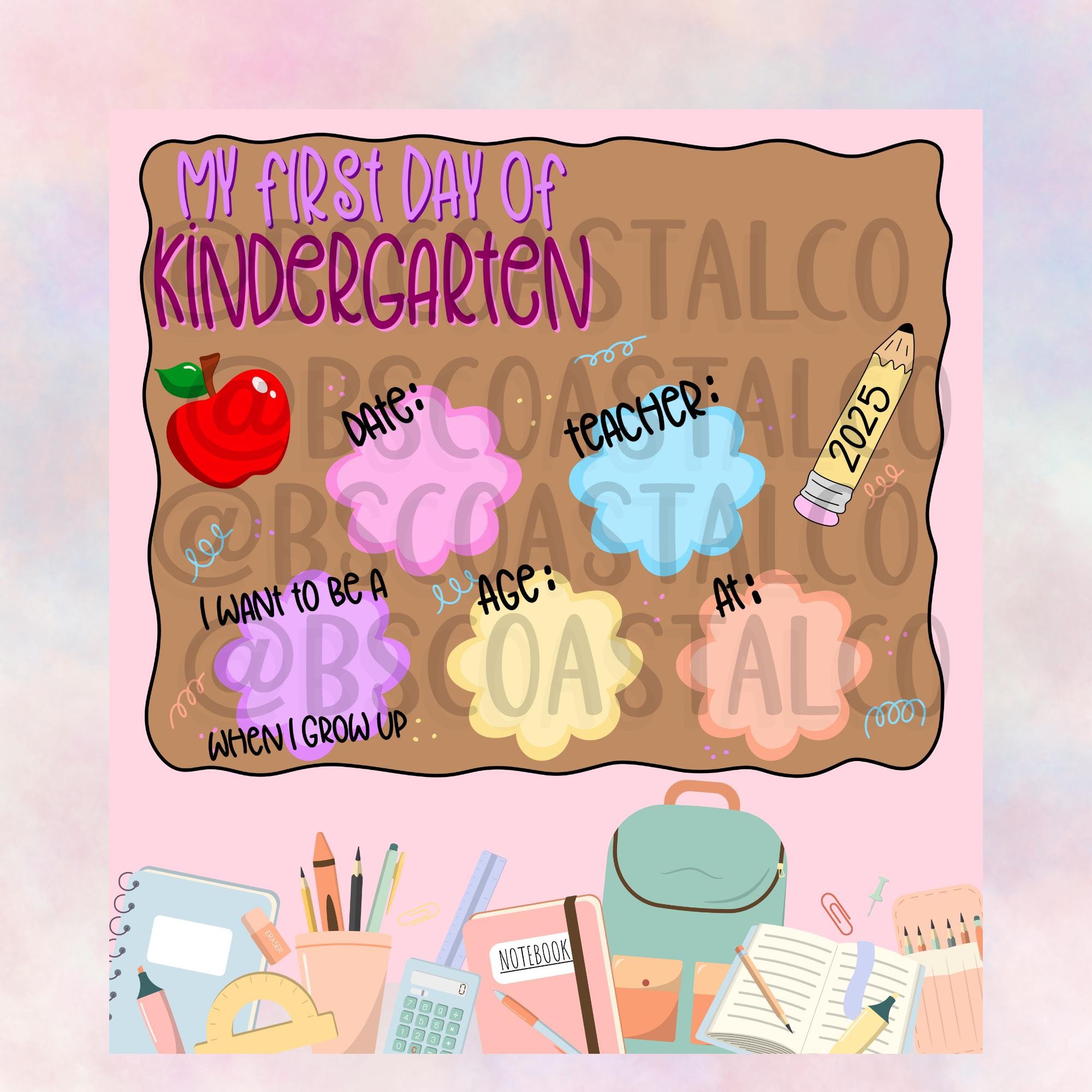 Girls First Day of School Mini Banner Template — preschool to fifth grade — 20x16 PNG Digital Download – Back to School Banner Template