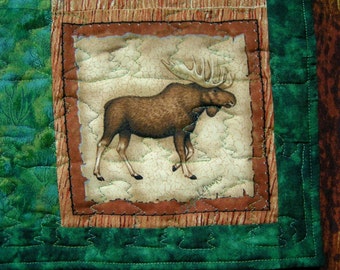Moose table runner and trees green brown cream