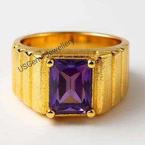 Amethyst Men&#39;s Ring: Octagon Cut Sterling Silver Gemstone Band