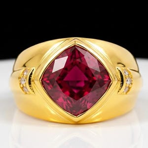 May include: A gold ring featuring a large, square-cut, deep red gemstone. The ring has a wide, polished gold band with small accent stones on each side of the gemstone. The ring is set against a white surface with a black background.