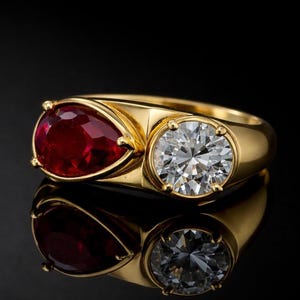 May include: A gold ring featuring a pear-shaped red gemstone and a round-cut clear gemstone set side-by-side in a polished metal band. The ring is captured against a dark background, creating a clear reflection of the jewelry on the surface.