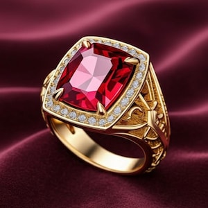 May include: A gold ring with a large, square-cut red gemstone as the centerpiece. The gemstone is surrounded by a halo of small, clear gemstones. The ring has an ornate, detailed design on the band.