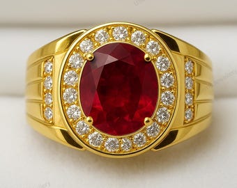 Oval Red Ruby Ring, Yellow Gold Sterling Silver Halo Statement Jewelry
