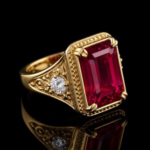 May include: A gold ring featuring a large, rectangular, deep red gemstone set in a prong setting. The band is decorated with a beaded border and a small, round, clear white diamond on each side, showcasing intricate metalwork along the shank.