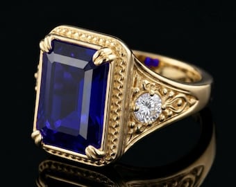 Sterlingzilveren ring met blauwe saffier: vierkante diamantgeslepen band