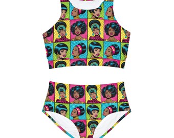 Retro Pop Art Vintage High Waist Bikini Two-Piece Set Vibrant Summer Pool Women's Swimwear Beachwear Vacation Swimsuit Sporty Bikini Set