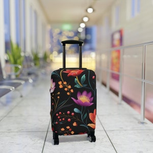 Floral Blossom Black Luggage Cover - 3 Sizes Available Stylish and Durable Suitcase Travel Protector Travel Accessories Travel Gift