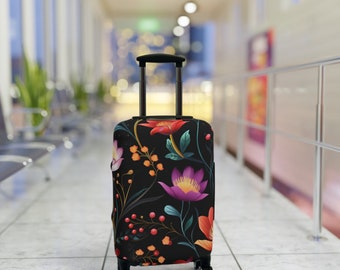 Floral Blossom Black Luggage Cover - 3 Sizes Available Stylish and Durable Suitcase Travel Protector Travel Accessories Travel Gift